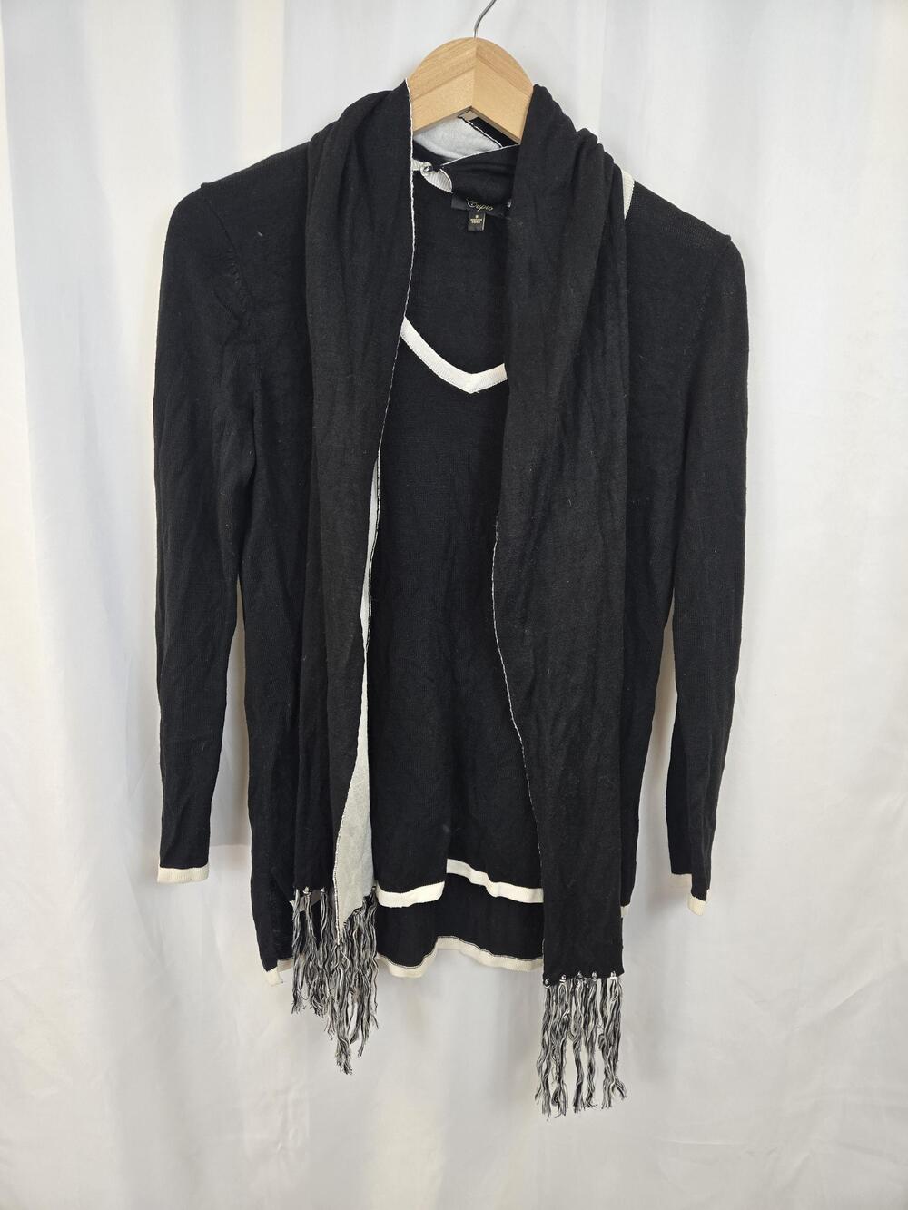 Cupio Sweater Womens Small Black V Neck Fringe Scarf Trim Knit Lightweight